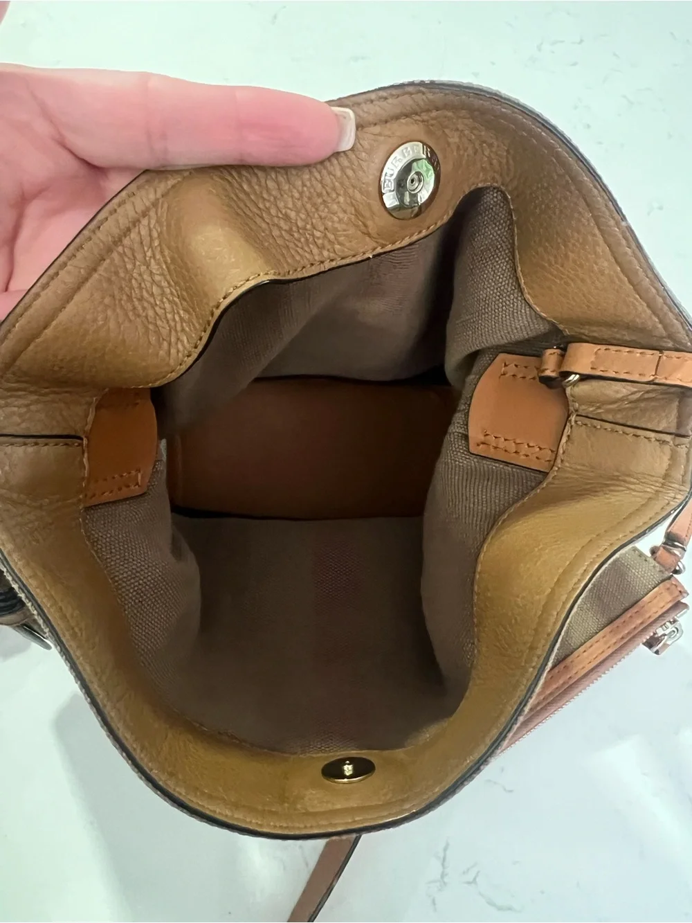 Burberry Beige, Brown and Red Check Crossbody Bag with Leather Trim